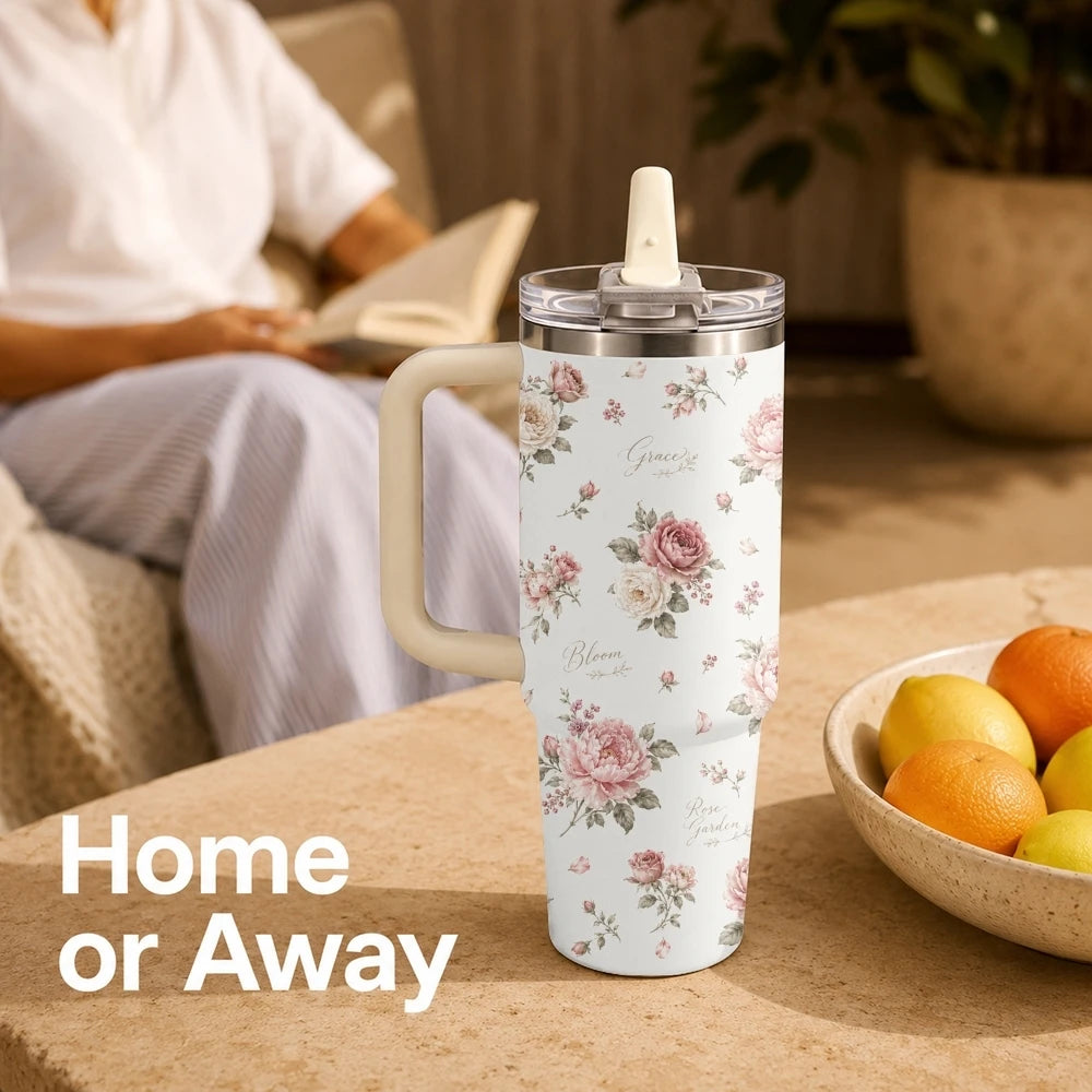 Vintage Floral Style Vacuum Flasks 40oz Stainless Steel Tumbler with Handle Straw Lid Vacuum Insulated Double Wall Leak Proof