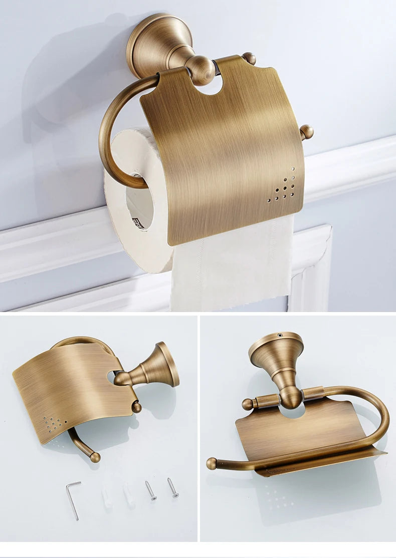 Antique brass plated wall-mounted towel rack bathroom hardware pendant set paper towel holder coat hook toilet brush ELA68A