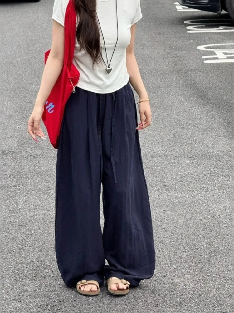 Loose Casual Cotton Linen Trousers Women Full Length Drawstring Women's Wide-leg Pants Summer Thin Linen Navy Blue Baggy Pants