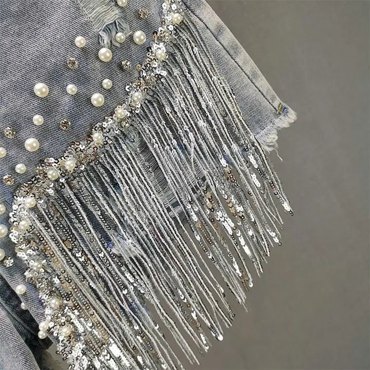 Denim Shorts Women's 2025 Summer Clothes New European High Waist Thin Heavy Industry Beaded Sequined Fringed Broken Copper Jeans