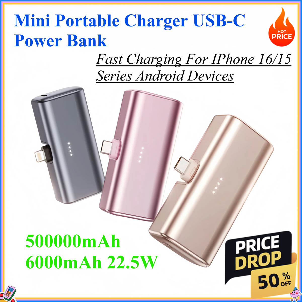 500000mAh 6000mAh 22.5W Fast Charging Mini Portable Charger USB-C Power Bank Suitable For IPhone 16/15 Series Android Devices