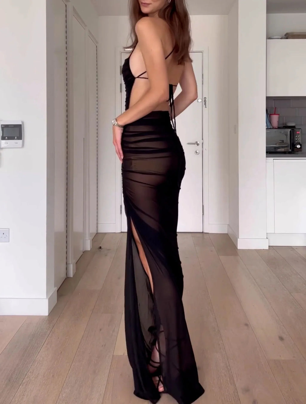 Sexy See-through Mesh Long Dress High Split Halter Pleated Maxi Dresses Prom Party Vestidos Women Backless Outfit Beach Sundress