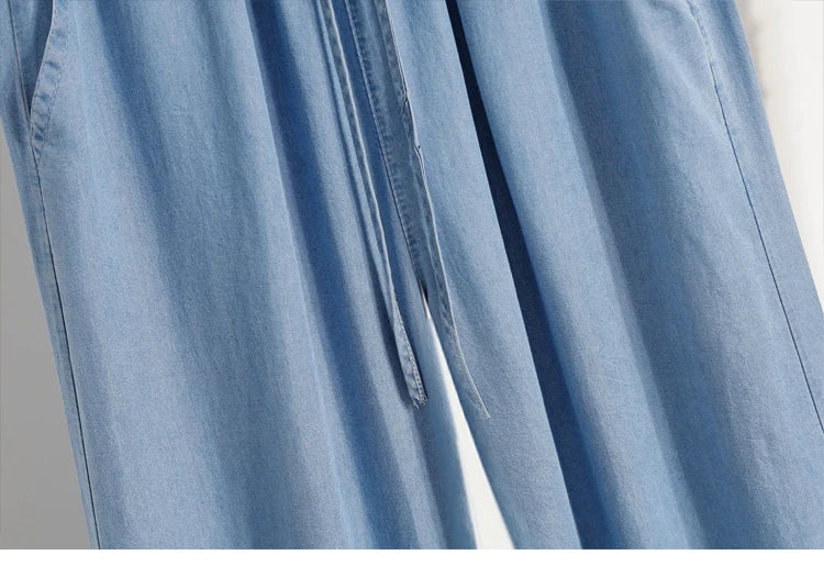 Women's Summer Slim Straight Leg Jeans Wide Leg Ice Silk Casual High Waist Trousers Cotton Polyester Blend No Ironing Needed