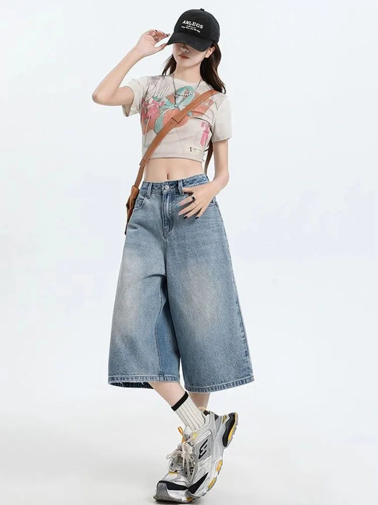 Women's Retro Casual Jeans  Summer New Wide-Leg Pants  High-Waisted Plus-Size Pear-Shaped Body-Camouflaging Straight Leg Pants