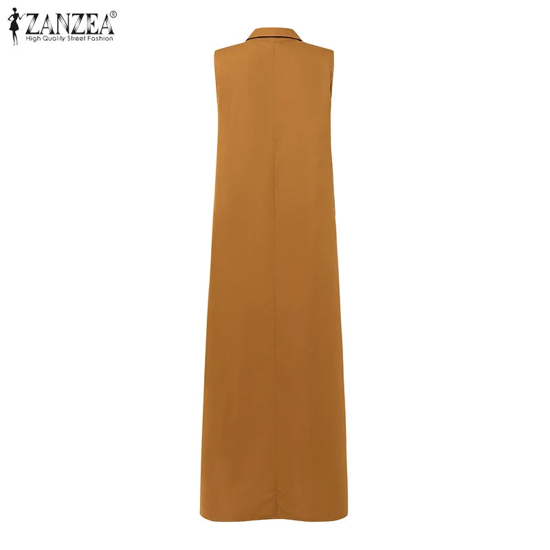 2025 Summer Sleeveless Sundress ZANZEA Women Long Dress Elegant Work OL Dresses Casual Lapel Neck Solid Vestidos Split Hem Robe