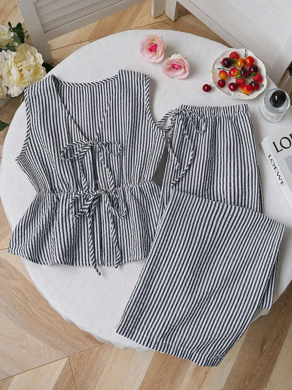UNXX Summer Solid Color Striped Suit Casual Lace All-match Vest Loose Lace Trousers Sweet Suit Women's Business Two-piece Set