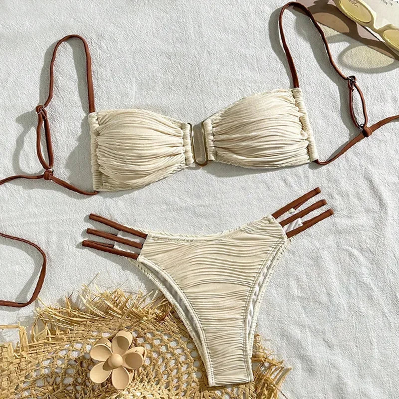 2025 New European and American Color Match Sexy Tie Bikini Swimsuit Women's Three-point Beach Hot Spring Swimsuit
