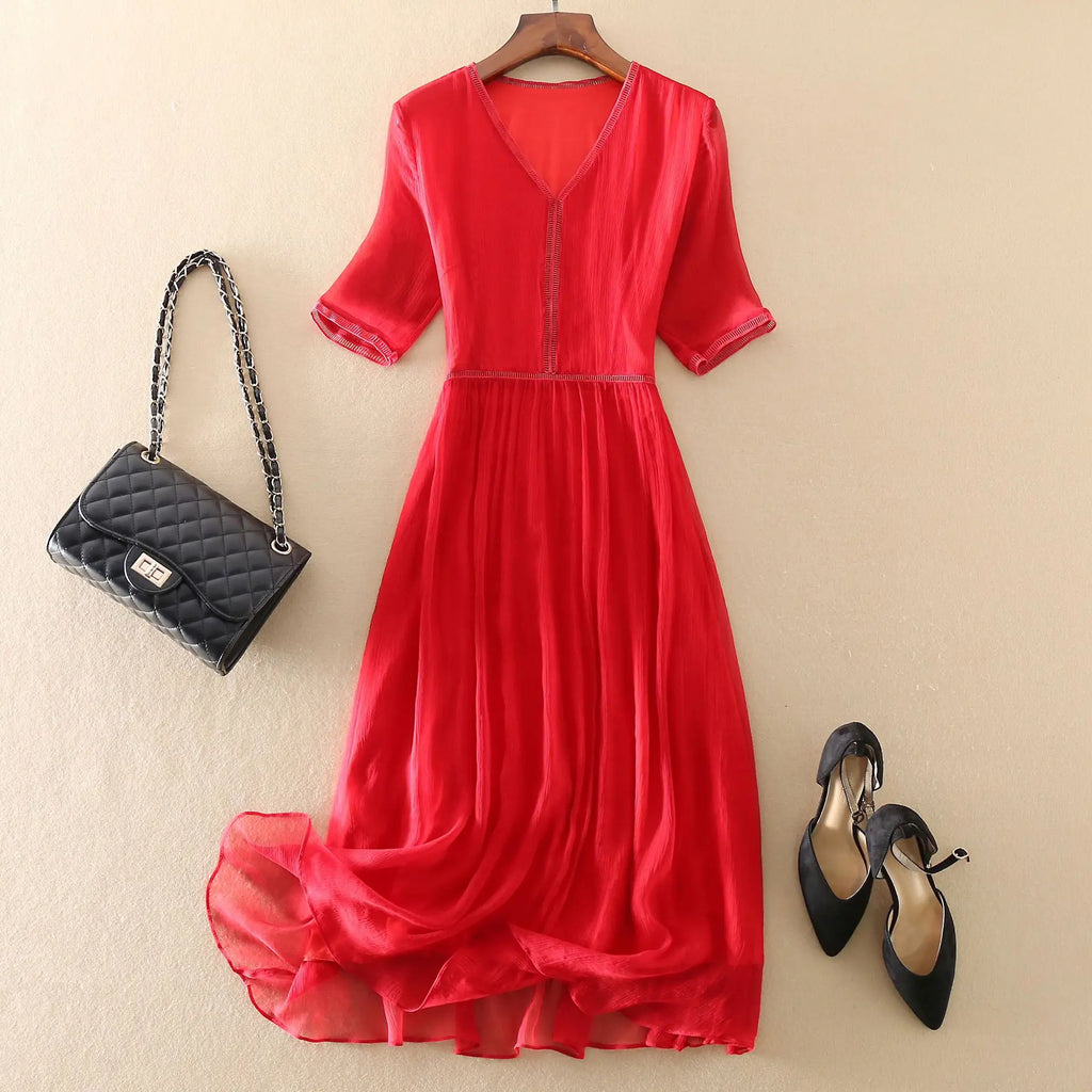KMETRAM 100% Natural Mulberry Silk Dresses 2025 Woman Summer Elegant V-neck Long Dress Party Frocks Women Clothing Vestidos