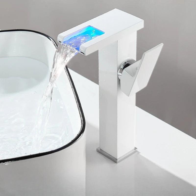 Black Bathroom Sink Faucet Single Hole Cold and Hot Water Mixing Valve Faucet 3 Colors Changing Color Changing Waterfall Faucet