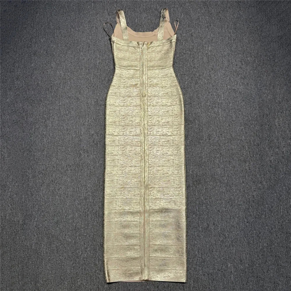 Fashionable Hot Stamping Women Spaghetti Strap Bandage Dress Celebrity Party Maxi Dresses