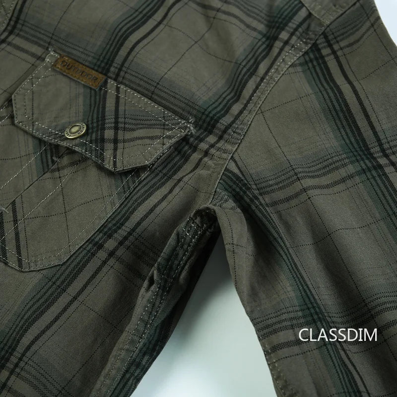 Men Plaid Casual Shirts Male Military Outdoor Loose Multi-pockets Tooling Shirts High Quality Man Large Long-sleeved Shirts 5XL