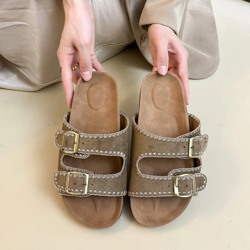 Women's Flat Slide Sandals Open Toe Suede Look Double Buckle Strap Slip on Whipstitch Detail Casual Summer Daily Walking Shoes