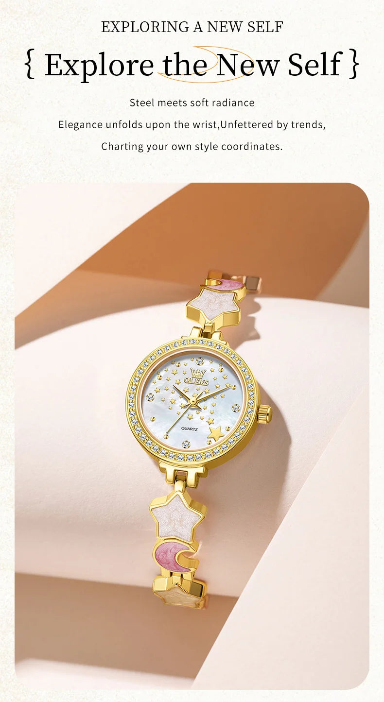 OLEVS Original Quartz Women's Watches Trendy Star Moon Diamond Dial Elegant Ladies Bracelet Wristwatches Luxury Woman Watch 5665