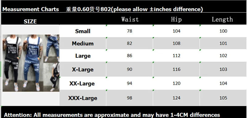 Men Suspenders Denim Jumpsuit Letters Denim Trousers Fashion Overalls Men's Ripped Denim Printed Jeans Men Streetwear