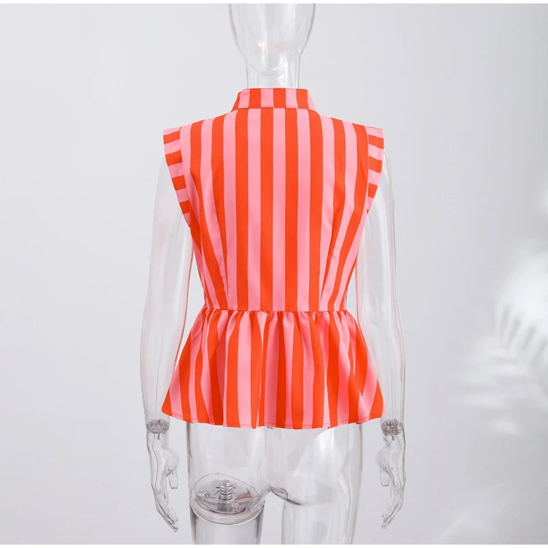 Striped Mandarin Collar Frog Button Ruffle Trim Top Striped Single‑breasted 2026 Summer Women Blouse Versatile Casual Lady Top