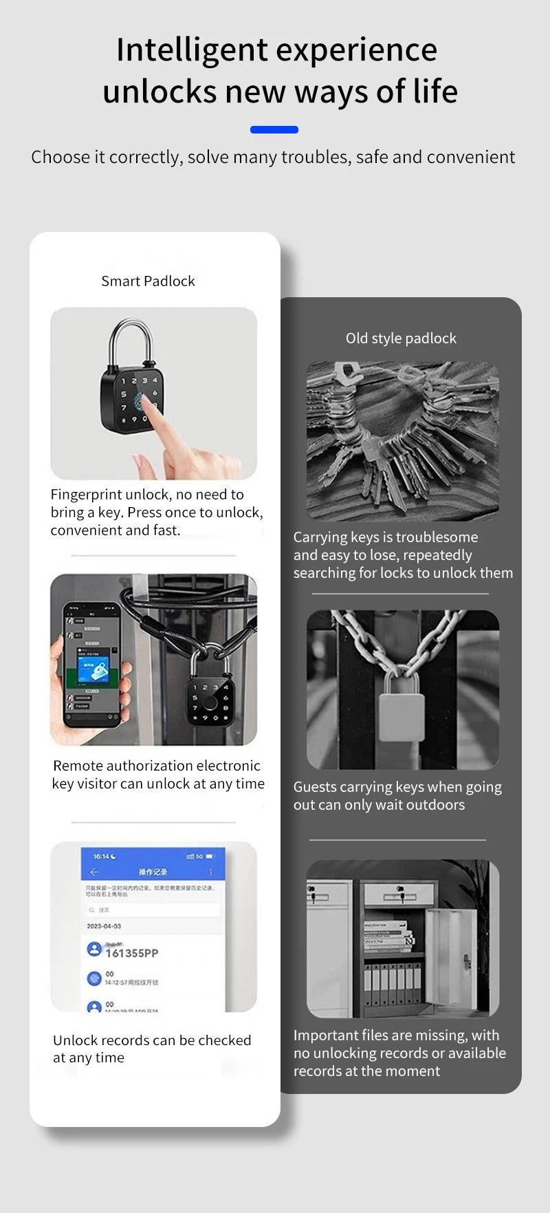 IP67 Smart Padlock Support Tuya App Fingerprint Password RFID Card Key Unlock Type-C Charging Multi-function Anti-theft Lock