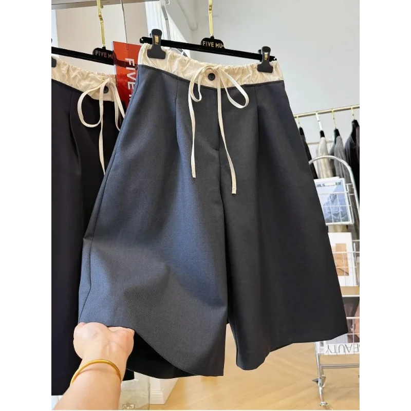 Women's Black Wide-Leg Shorts Contrast Elastic Waist Drawstring Loose Fit Casual Summer Bot