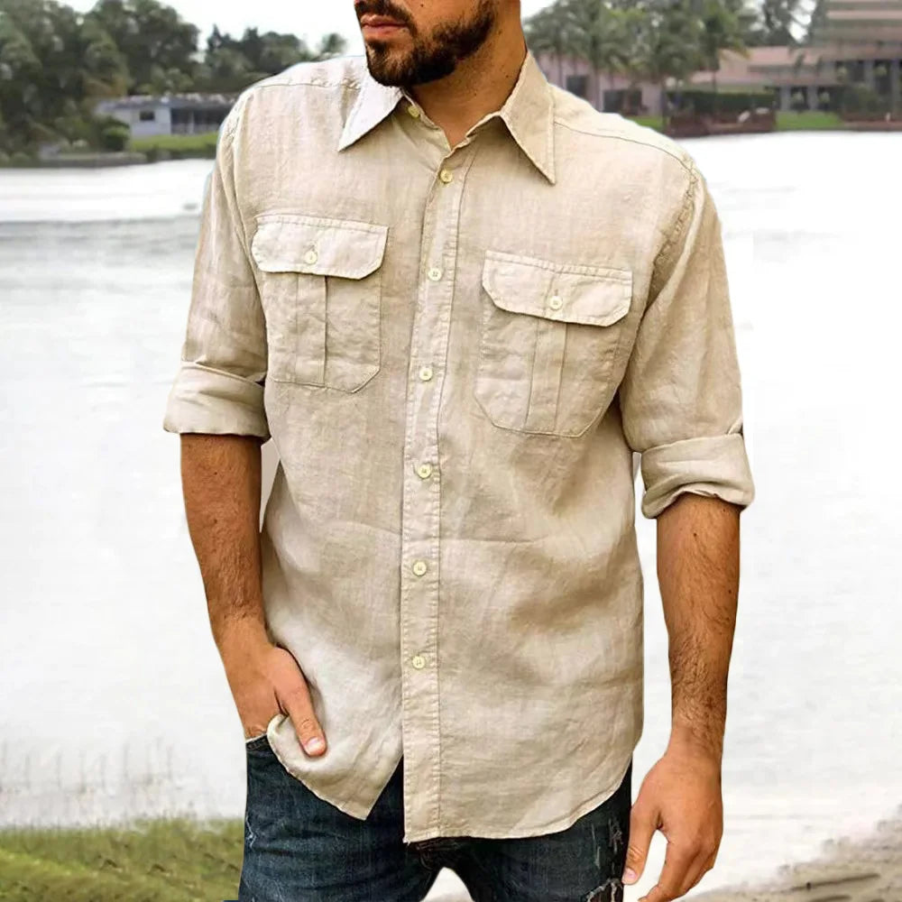 Cotton Linen Men's Shirt Long Sleeve Solid Color Casual Tops Lapel Double Pocket Design Classic Shirt Trendy Male Clothing