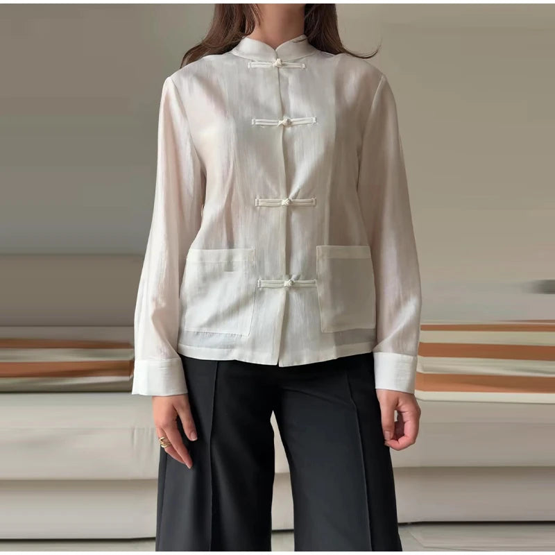 Loose Women's Frog Buttons Mandarin Shirts See Through Stand Collar Full Sleeve Blouses 2026 Summer Lady Cotton Linen Outwear