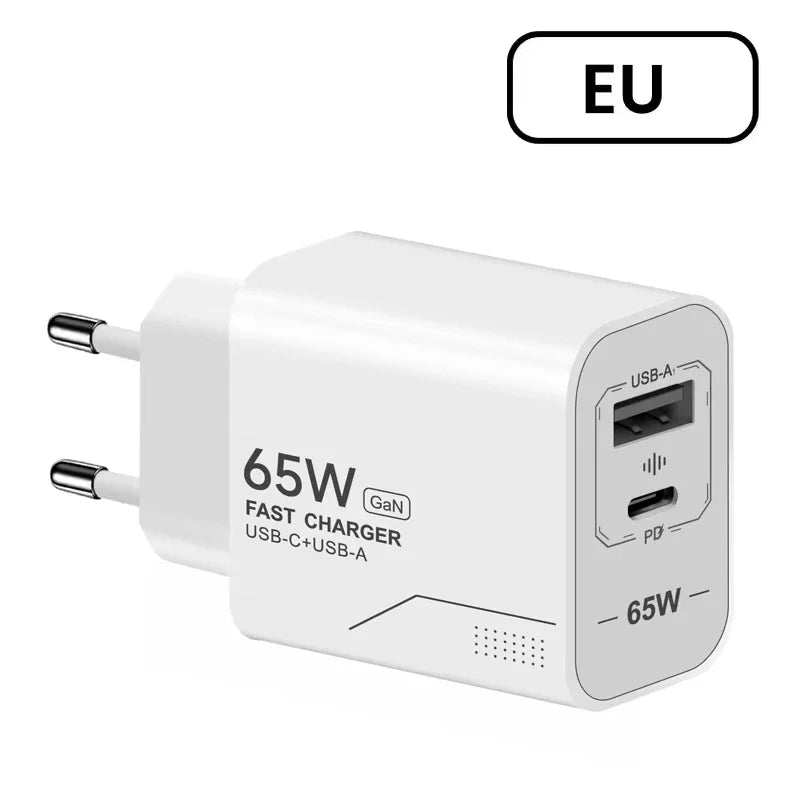USB PD65W GaN Charger 2-Port Fast Charging Charger Type C High Speed Charge Mobile Phone Wall Adapter For Phone EU/US Charger