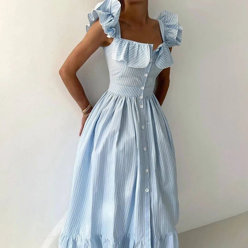Fashionable Striped Ruffle Pleated Women's Dress Elegant Solid Square Neck Single Button Dresses Female Summer Chic Casual
