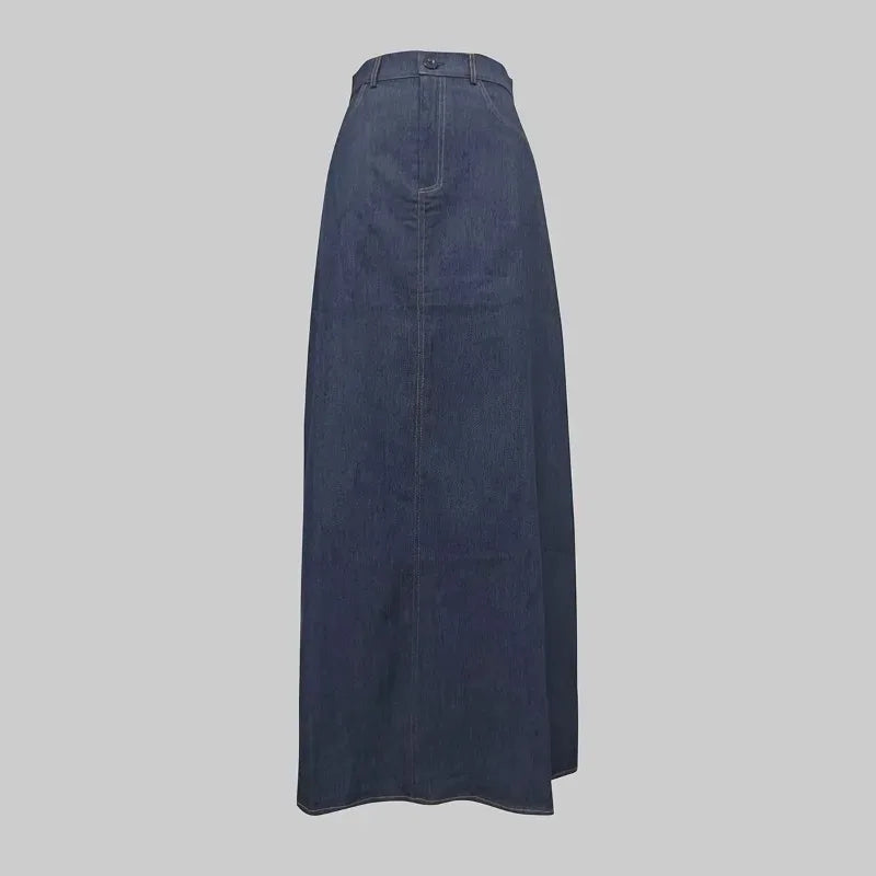 Fashion Imitation Denim H-Line High Waist Skirts Spring Summer Loose Solid Color Pockets Maxi Skirt For Women