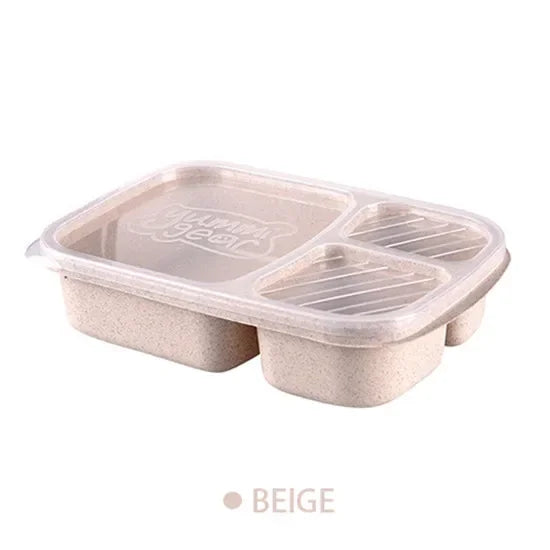 1pcs Lunch Box 3 Compartments Wheat Straw Rice Preparation Lunch Box with Transparent Plastic Cover Food Storage Container