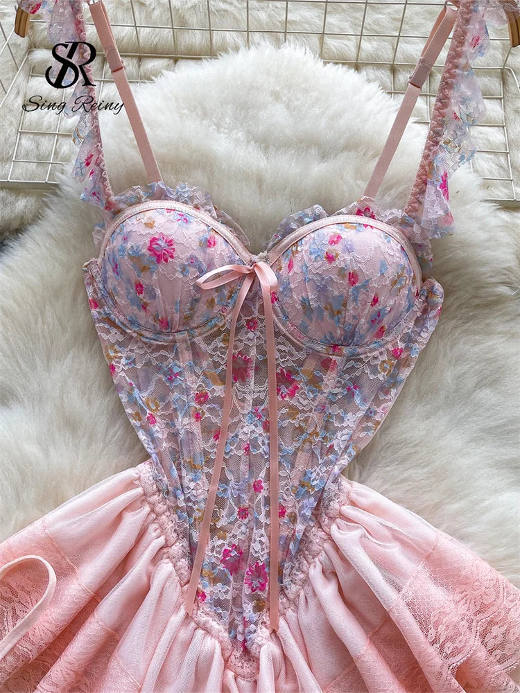 SINGREINY Strap Corset Lingerie Nightdress New Sleeveless Slim Floral Print Mini Nightwear Shapewear Mesh Lace Erotic Mini Dress