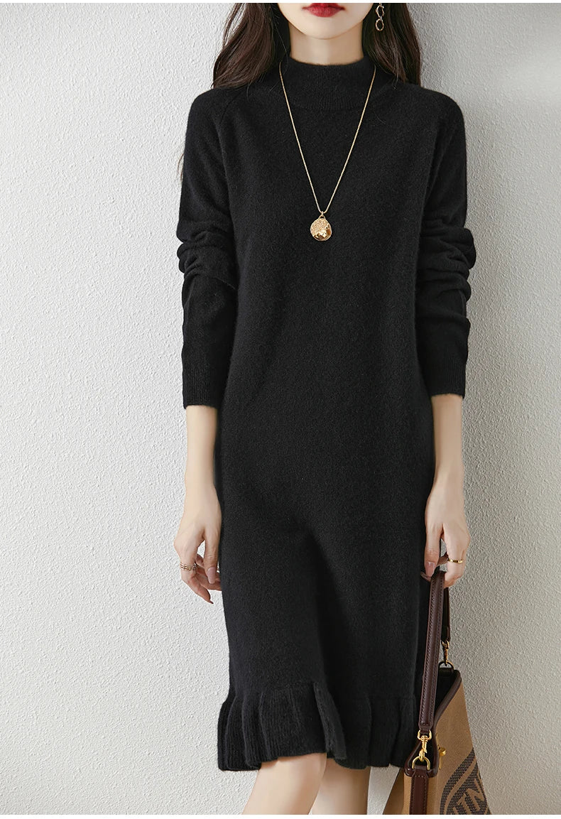 Women's Pure Wool Knitted Dress, High Collar, Pleated, Casual, Fashionable, Warm, 2024 Autumn And Winter