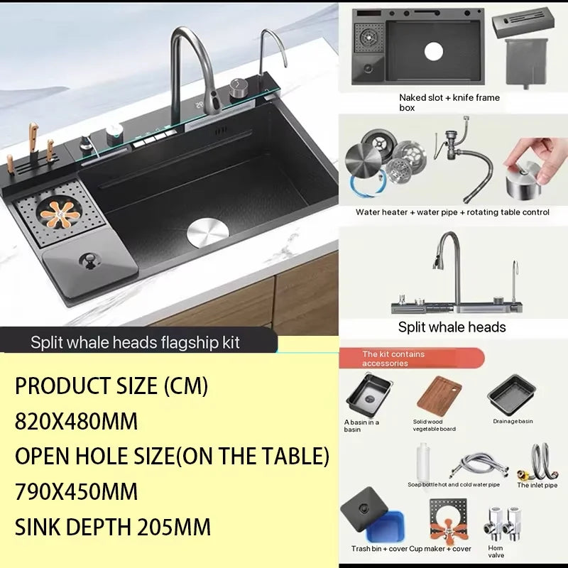 Hot Selling Stainless Steel Waterfall Kitchen Sink With Knife Holder Digital Display Faucet Set Embossed Extra Large Single Slot