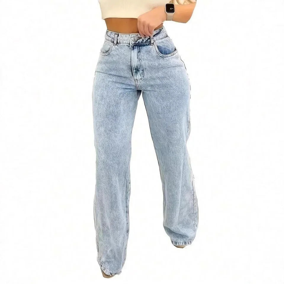 Straight Pants Jeans Women Denims Trousers Washed Distressed 2025 Streetwear Pockets High Waist Vintage Female Floor Length