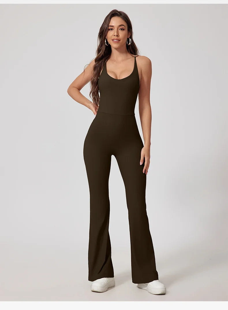 Women Thread Yoga Jumpsuit Sleeveless Gym Tracksuits Flared Overalls Workout Bodysuits Sportswear Female Sports One-Piece Outfit