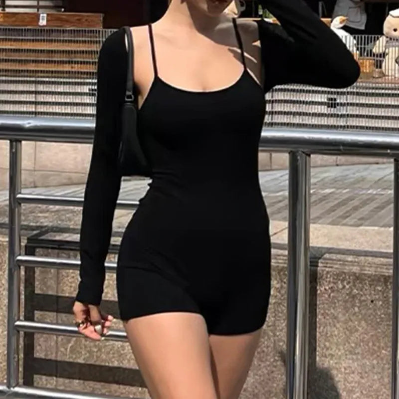 2026 New Fashionable Solid Color Slim Fit Sports Casual Style Suspender Shorts One-piece Set for Women