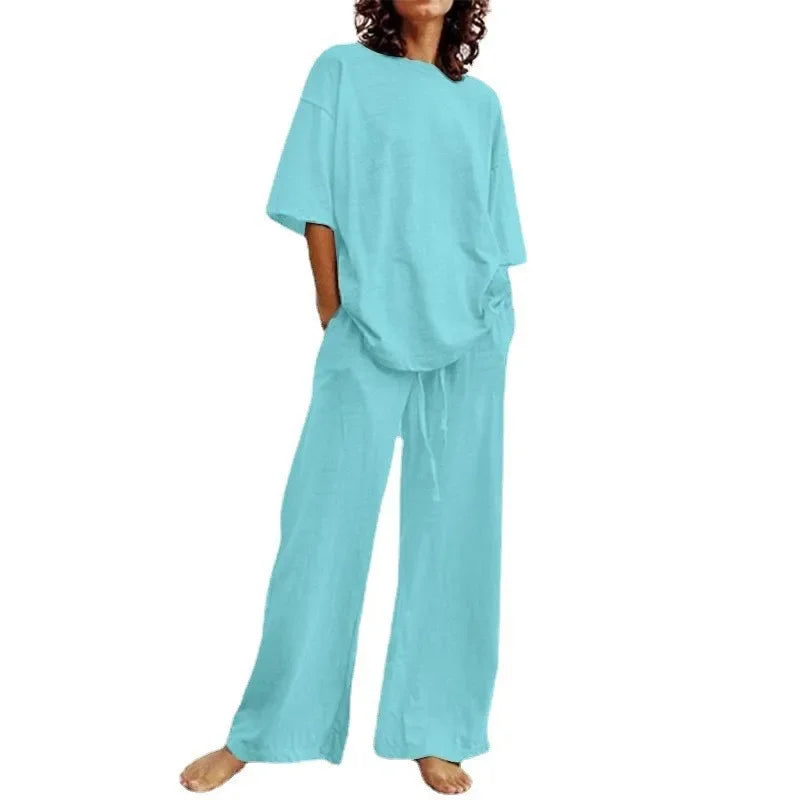 Fashion Women's 2-piece Set 2024 Summer Casual Pocket Set Half Sleeve O-Neck Top and Wide Leg Large Outline Pants Set