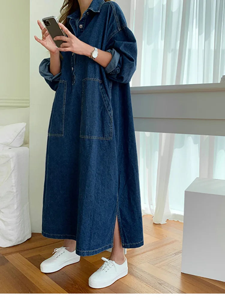Korean Loose Drawstring Denim Dress Women Chic Split Women's Dresses Elegant Blue Pocket Dresses Korea