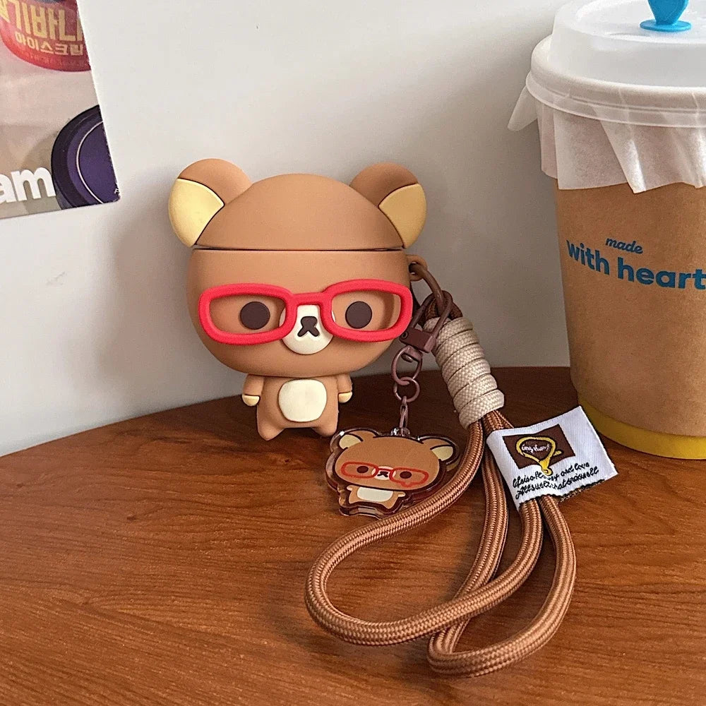 Cute Cartoon Rilakkuma Bear Earphone Case For Airpods 1 2 3 4 Pro 2 3 3D Wireless Bluetooth Headset Protective Soft Cover