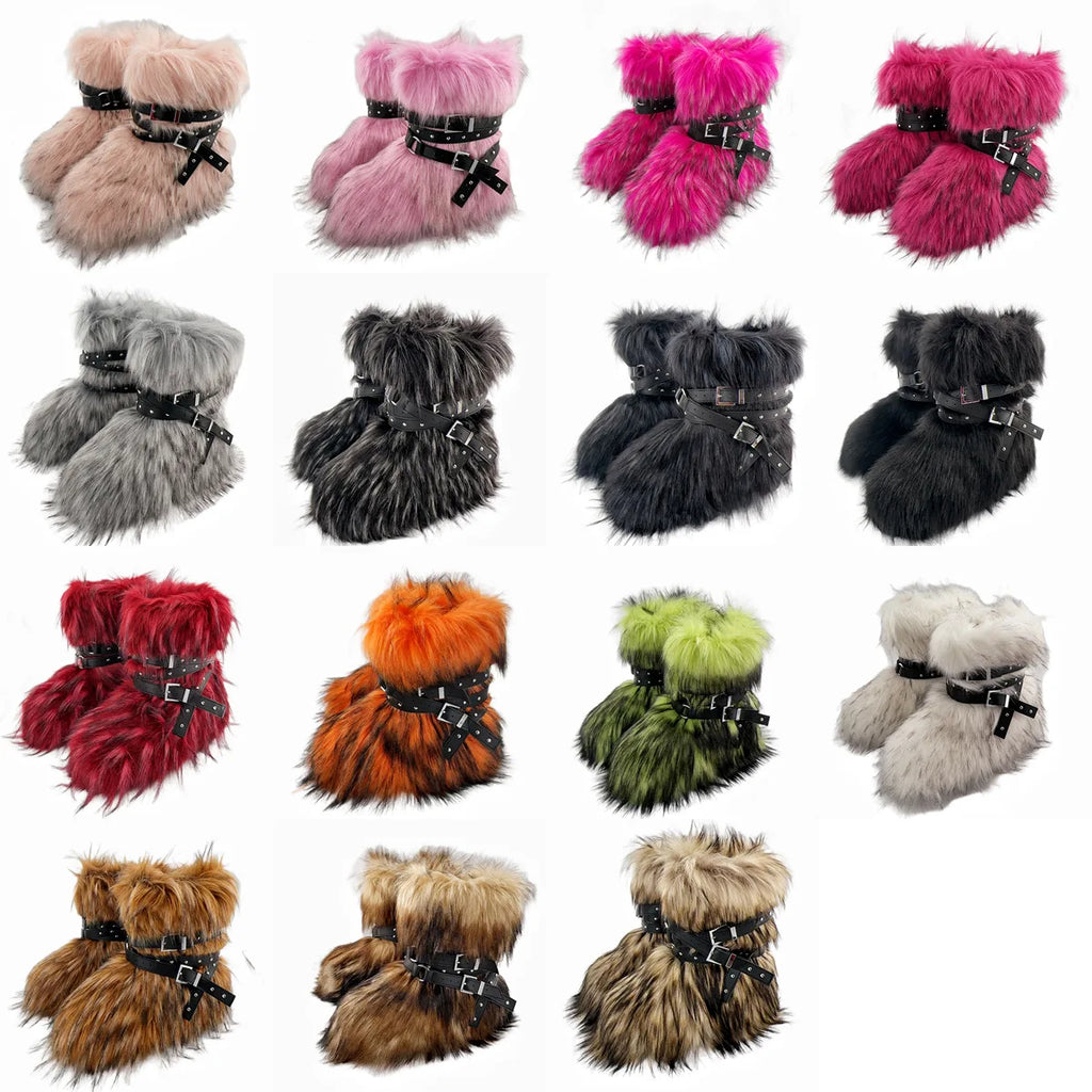 Winter Fur New Design Onepiece Raccoon FurFemale Snow Boots Fur shoes OutdoorMid Leg Boots y2k Cool Pink Girl