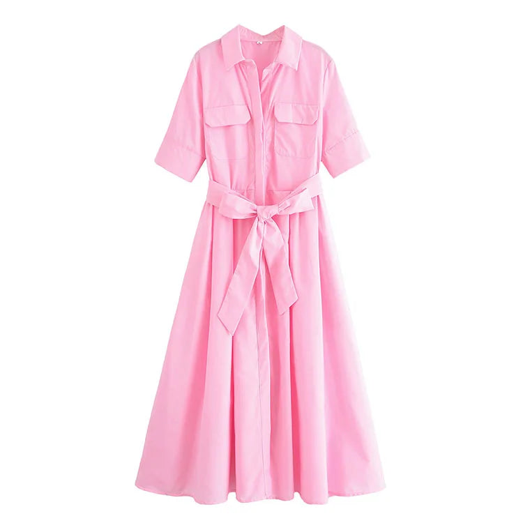 Women Long dress With Belt Spring Poplin Lady Short Sleeve Dress Pocket Women's Midi Dress Side Zipper Female Dresses