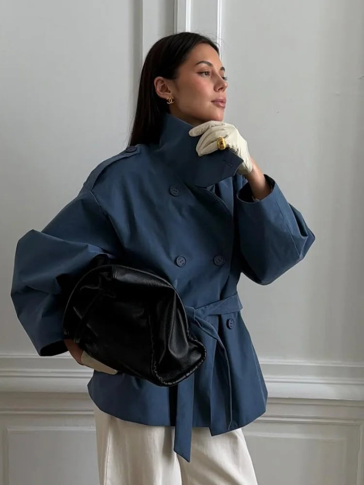 Women Chic Double Breasted Casual Trench Coat Stand Collar Full Sleeve Blue Lace-up Loose Windbreaker 2026 Lady Commute Wear