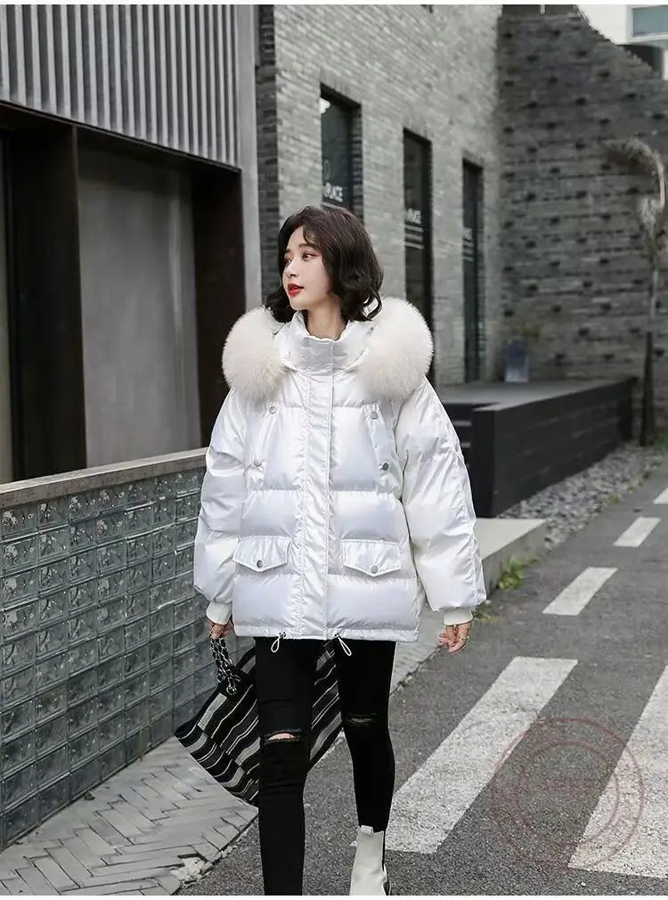 2026 Winter Fashion New Warm Duck Down Jacket Women's Clothes Glossy Fur collar Thicken Parka Short Down Coat Female Trend