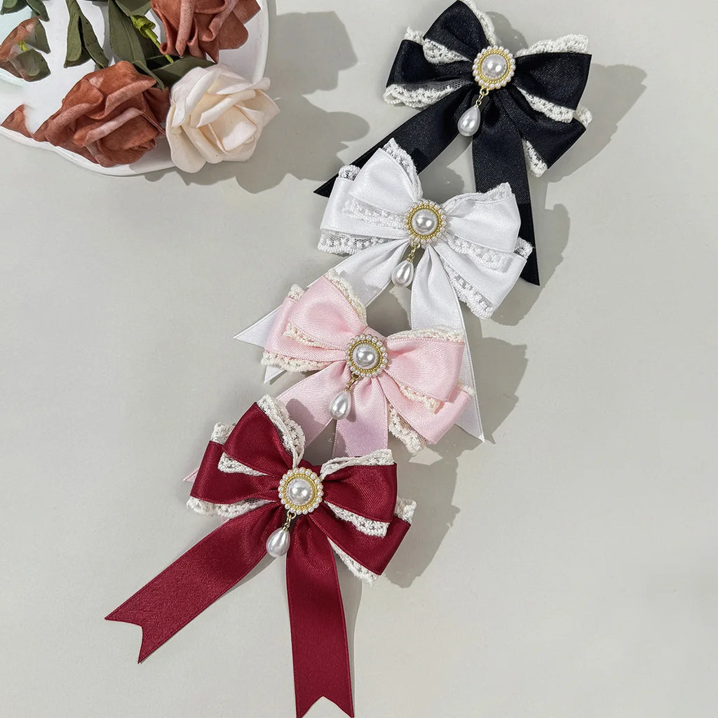 4pcs Pearl Lace Bow Hair Clip, Multi-color Satin Lolita Headpiece, Retro Sweet and Beautiful Style Hair Accessory