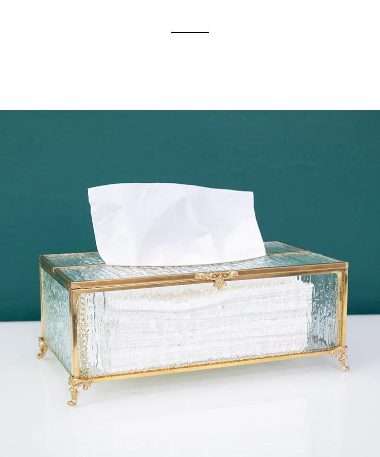 Vintage Brass Glass Tissue Box Living Room paper Storage Holder Tea Table Desktop Paper Box Hotel Restaurant Tissue Organizer