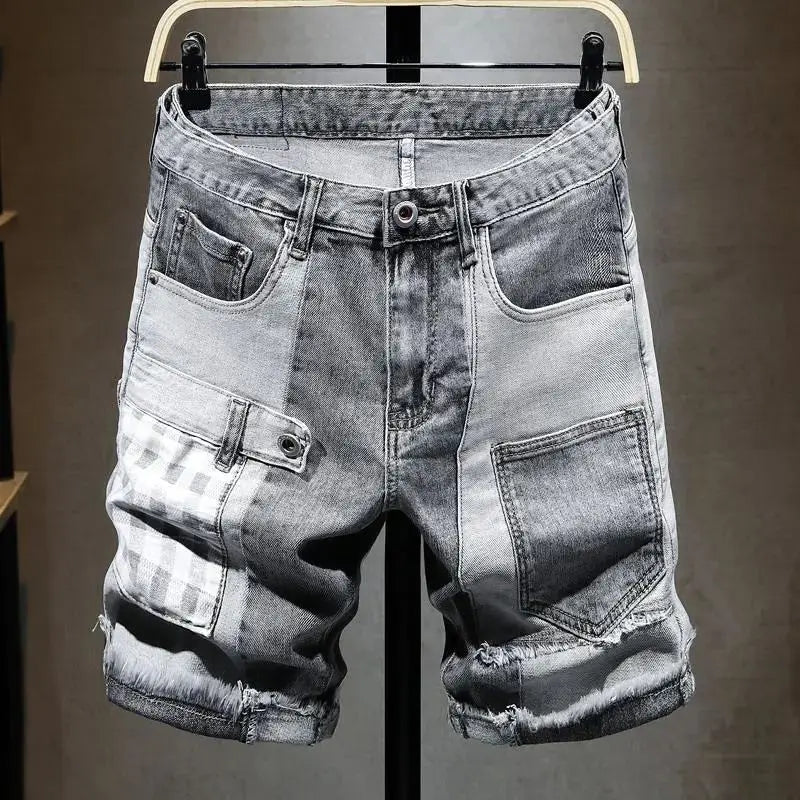 Washed Ripped Denim Men's Trendy Brand Spray Paint Medium Summer Thin Elastic Patch Bermuda Short Pants Men's Jeans Shorts