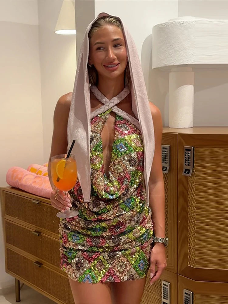 Glitter Halter Tie Women Short Dress Bright Tone Bare Back Slim Fit Tie Strap Halter Dress Slim Line Festive Party Gather