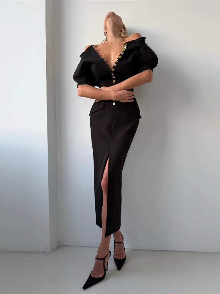 Sexy Print Women's Dress Multi Button Shoulder Pad Waist Cinching Package Hip Short Sleeved Dresses Fashion Summer Daily Wear