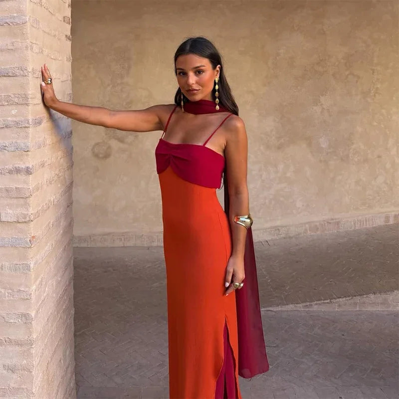 Color Blocking Scarf Collar Sling Dress Sexy Waist Cinching Chic Split Bodycon Maxi Dresses 2026 Lady Club Party Vestido