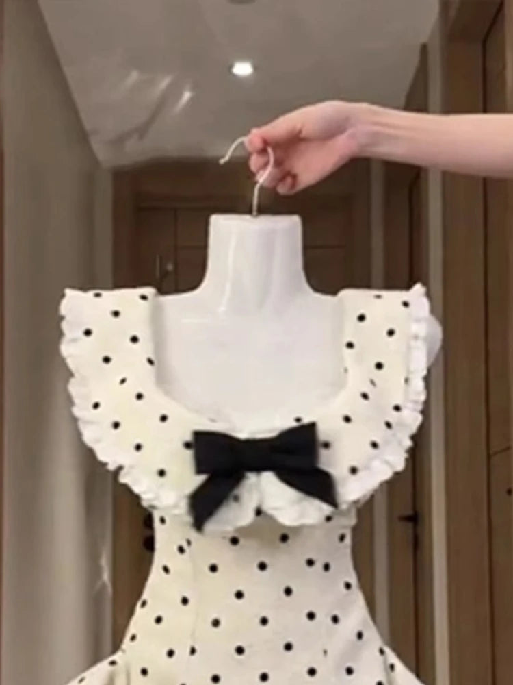 Summer Retro Elegant Women Dress Y2k Design Polka Dot Slim Fit Bow Mini Dress Fashion Female Korea Style Sexy Chic Party Outfits