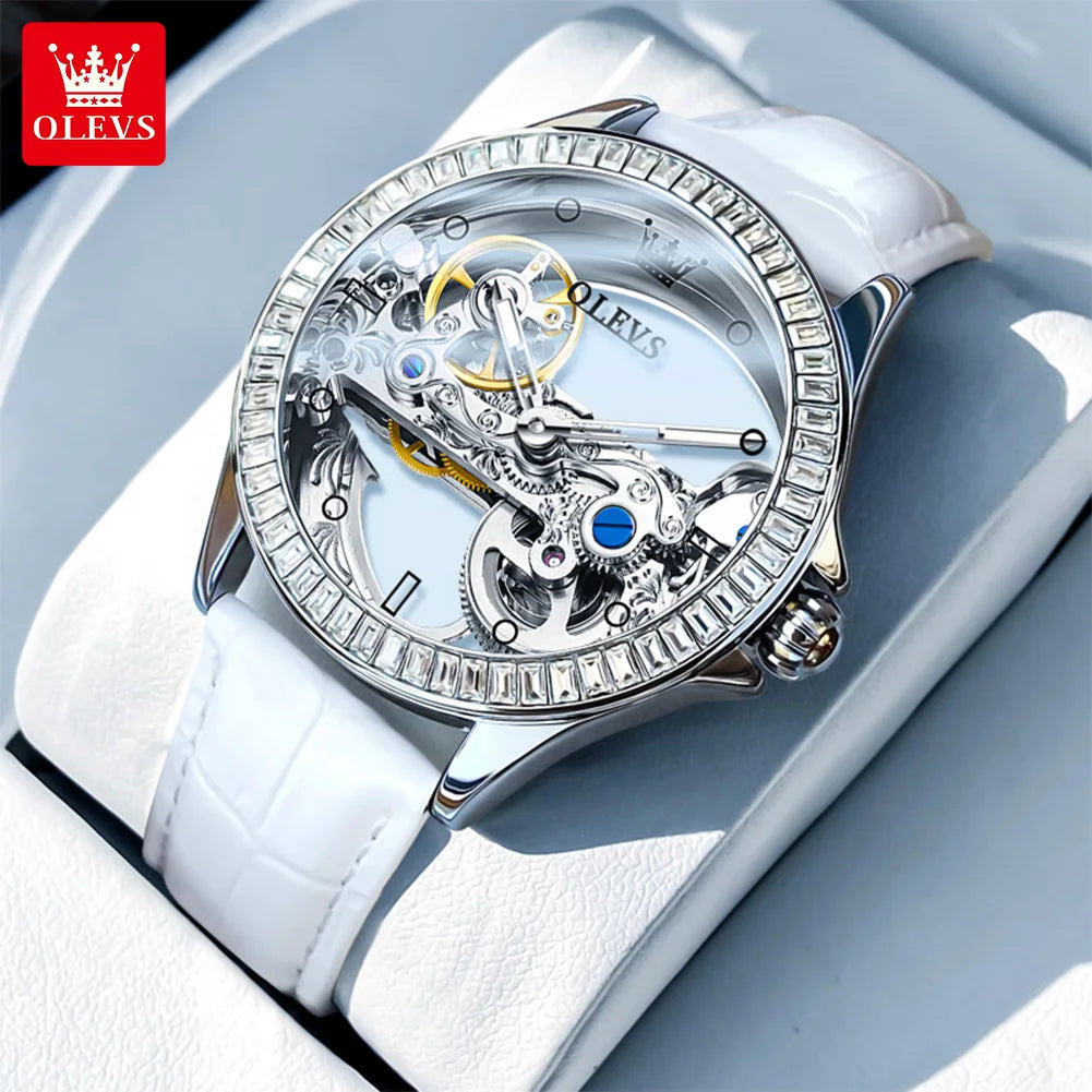 OLEVS Couple Watches Original Fully Transparent Skeleton Automatic Mechanical Watches For Men Women Lover's Gift Luxury Watches