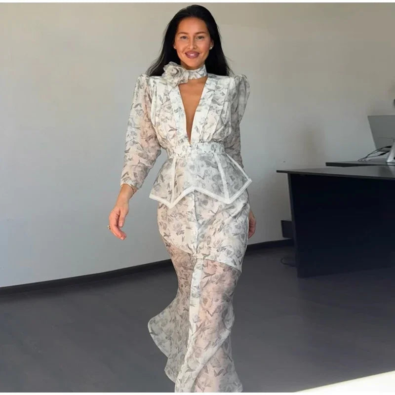 Elegant Printed Women's Dress V-neck Front Split Waist-closed Sashes Wrist Sleeve Gauze Dresses 2026 Summer Chic Female Robe