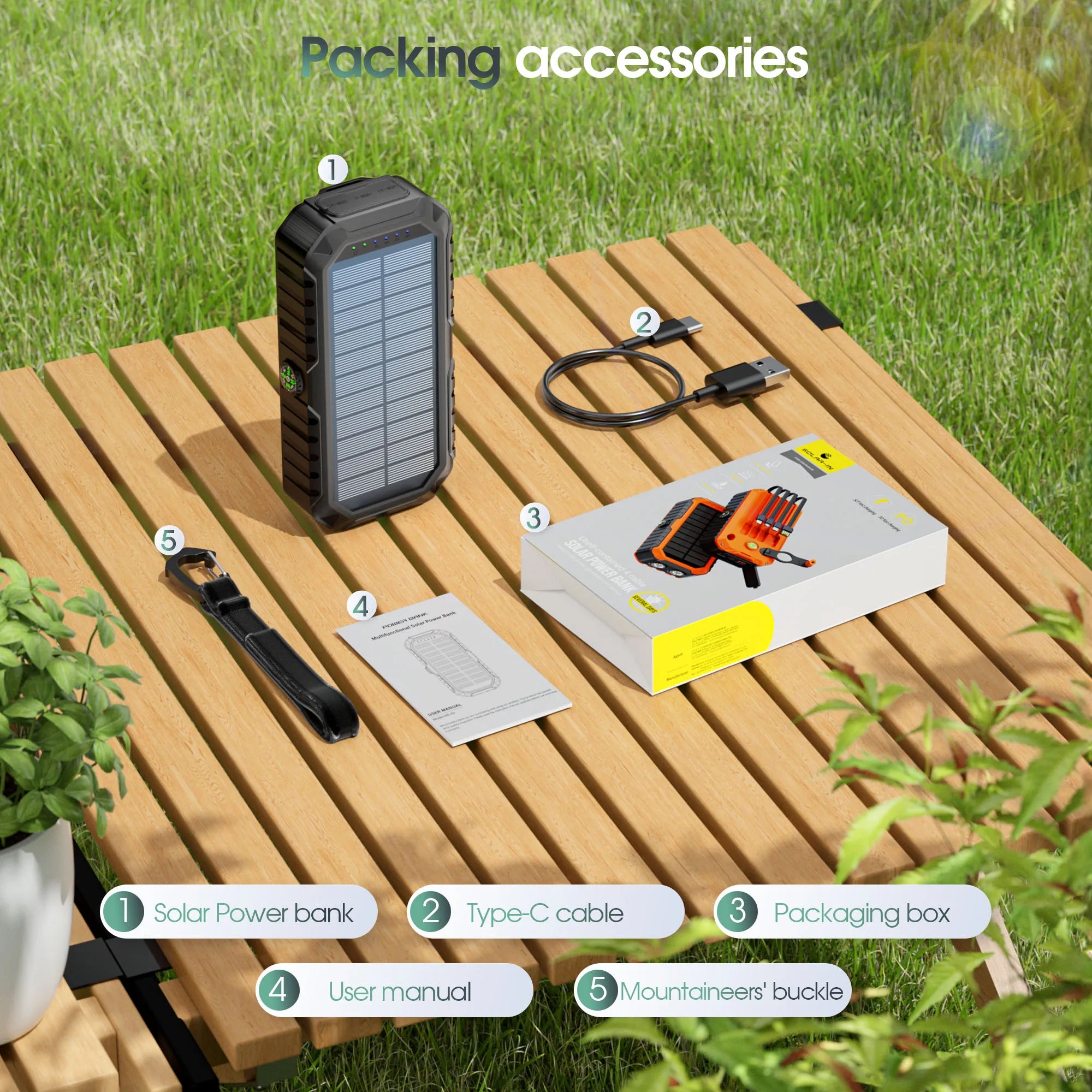 40,000mAh Solar Power Bank with Hand Crank & 4 Cables,Dual UsB/Type-C Fast Charging, Bright LED Light, Built-inCompass & Leveler